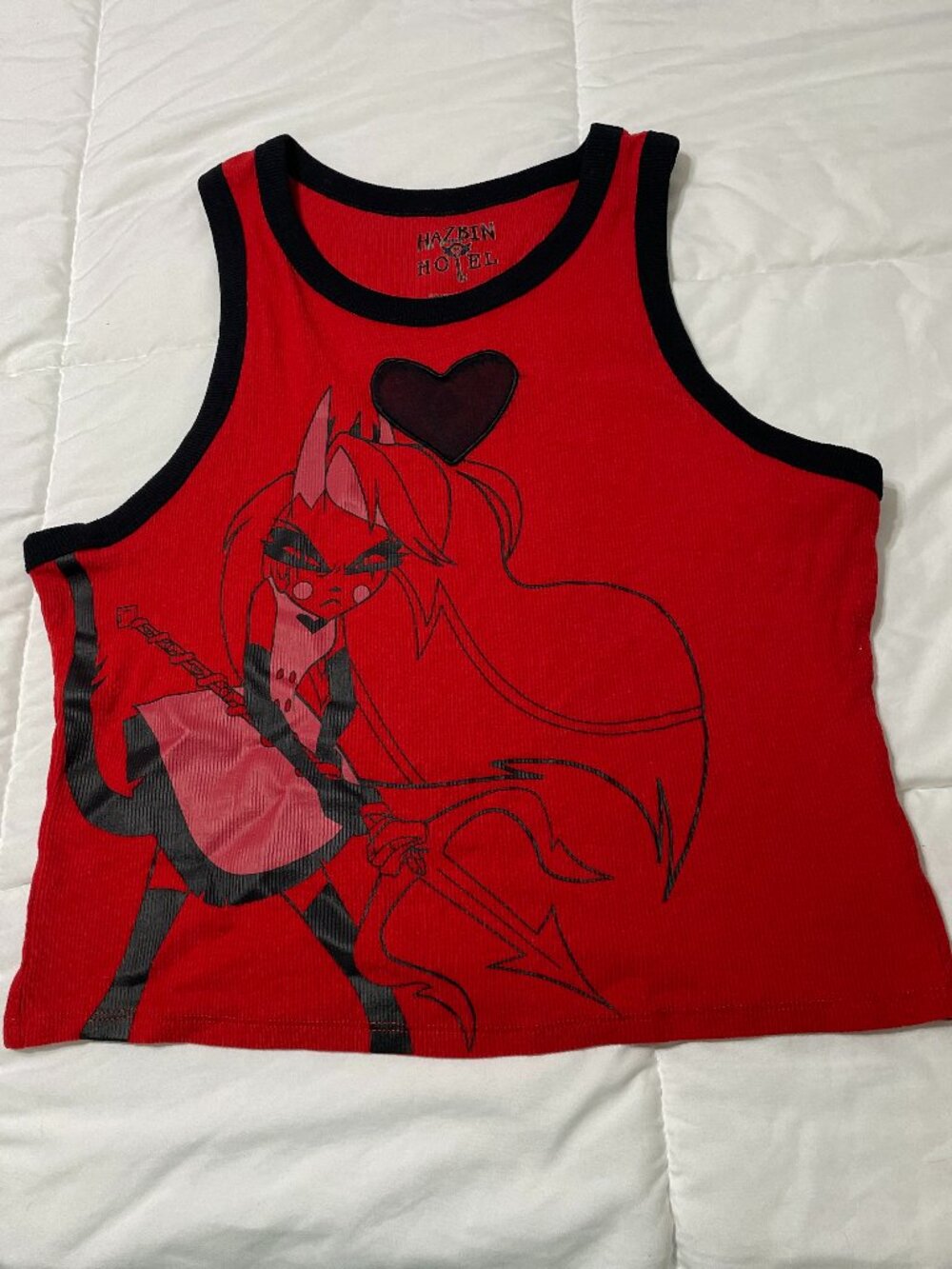 Hot Topic Hazbin Hotel Charlie Heart Mesh Crop Tank Top Red Black Ringer XL